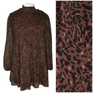 Leopard Cheetah Animal Print Smocked Dress. Babydoll Above Knee. Fall Winter.